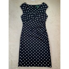 Lauren Ralph Lauren Black White Polka Dot Ruched Sheath Dress Size 12 Sleeveless