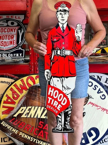 Vintage Old Style Steel Sign Hood Tires NOT Porcelain Made USA 36"x10"