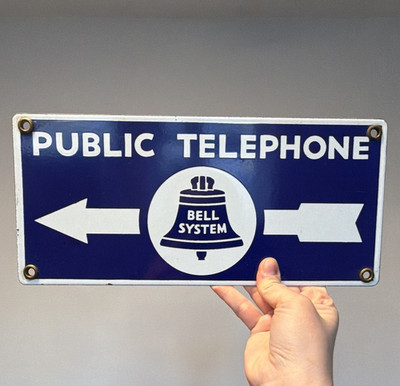 Vintage Bell System Public Telephone Blue & White Advertising Sign w/ Arrows