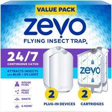 Zevo Indoor Fly Trap Gnat Fruit Fly Killer 2 Plug Ins 2 Refills UV Light No Mess