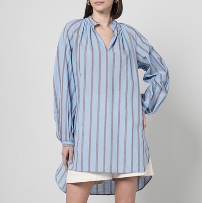 MAX&Co women's Linen Long Shirt sz S/M Blue Striped Relaxed fit Vacation Casual