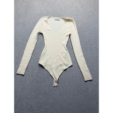 Abercrombie  Fitch Cream Ribbed V-Neck Long Sleeve Bodysuit Small Cream White