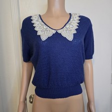 VTG Navy Blue Knit White Lace Collar Short Sleeve Sweater Retro Coquette Dainty