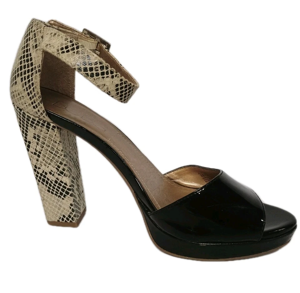 BCBG змеиная кожа лакированная кожа заглянуть носок ремень 4,5» блок каблук размер 8 отличное - Изображение 4 из 4