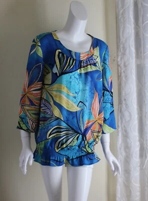 Chico's Taille 2 L Tropical Art-To-Wear Imprimé Feuille Tunique T-Shirt 3/4 - Photo 1/4
