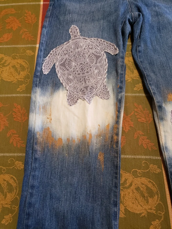 Upcycled Vintage Turtle Jeans size 8 Waist 37 Inseam 28 Hips 40 Boho Hippie - Image 3 of 4
