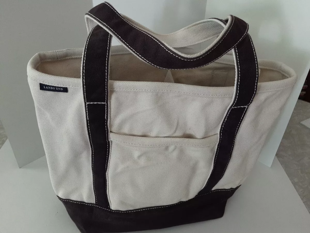 Land's End Canvas Tote Bag White Navy Blue Large 12" x