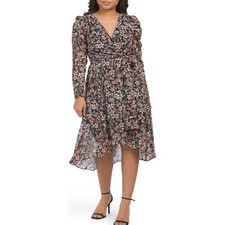 TOMMY HILFIGER Puff Shoulder Fit and Flare Chiffon Midi Dress Black Multi