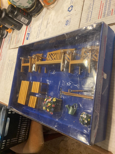 VTG DOLLHOUSE MINI LARGE, OUTDOOR SET #2 CHAIRS, BENCH, TOOLS, TABLES, ETC! NIB!