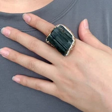 Natural Black Tourmaline Rough Raw Golden Crystal Pave Finger Ring Adjustable
