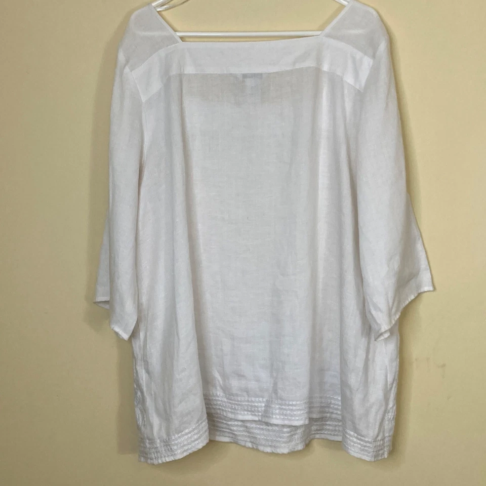 Tweeds Linen Blouse Womens 3x White Embroidered Clean Beauty Summer Plus - Image 2 of 4