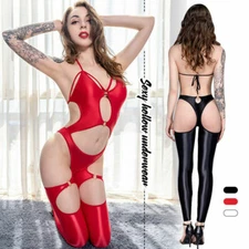 Women Wet Look Hollow Bodysuit Out Halter Shiny Satin Backless Jumpsuit Clubwear