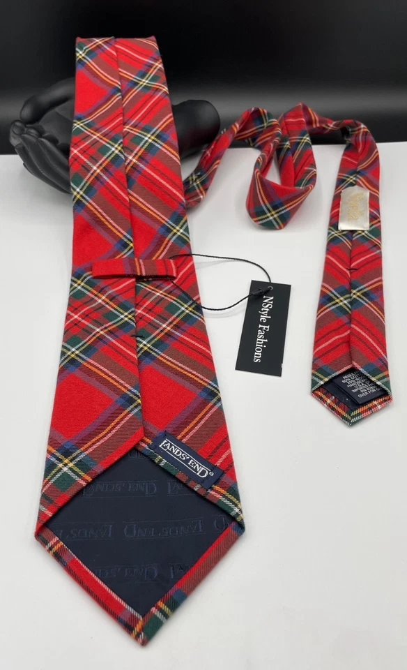 Corbata para hombre LANDS' END lana + mezcla de algodón ~ roja ~ tartán ~ cosida a mano EE. UU.! Foto 3 de 4