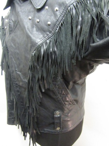 VINTAGE 80'S LA ROCKA LEATHER FRINGED MOTORCYCLE JACKET SIZE UKM, TASSELS, STUDS - Picture 6 of 17