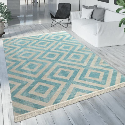 Outdoor Teppich Blau Weiß Balkon Terrasse Rauten Muster Skandinavisches Design - Bild 1 von 4