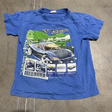 Vintage 2000 Hot Wheels Graphic T Shirt Mattel Racing Car Logo Blue Kids Large