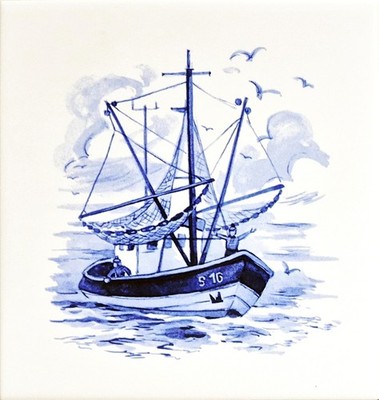 Fischerboot auf See Fliese 15cm 6'' Delfter Stil blau & weiß Maritim Meer