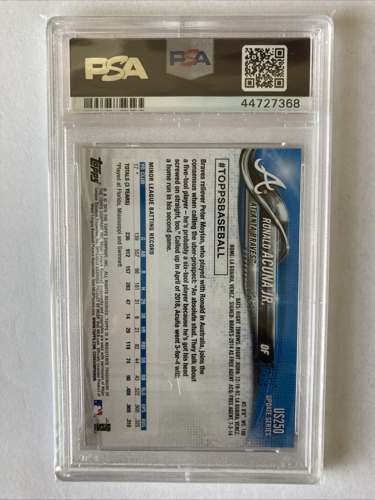 Ronald Acuna Jr. Rookie RC 2018 Topps Update #US250 At Bat in Blue Jersey PSA 10 view 2