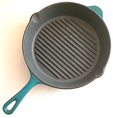   Technique Turquoise Green Enamel  10'' Cast Iron Grill Skillet Pan Double Pour