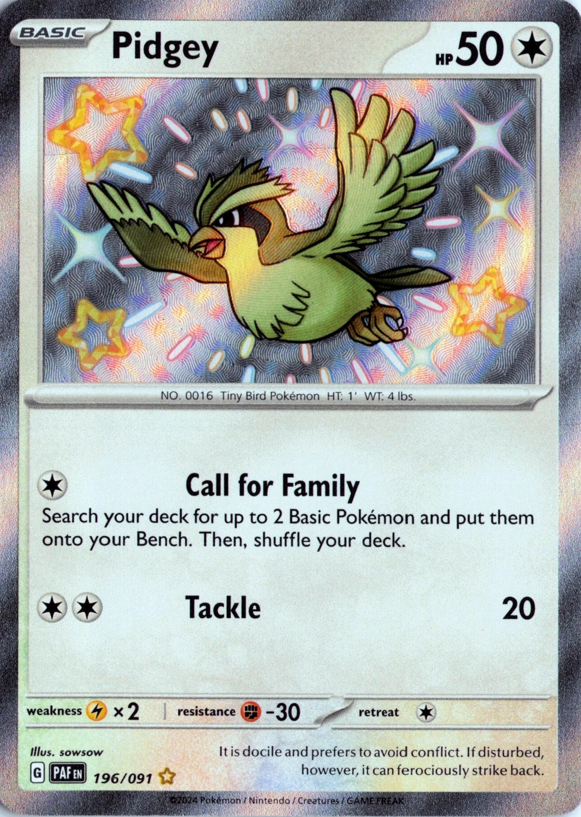 Pokemon TCG - Pidgey 196/091 - Paldean Fates Shiny Holo Rare - Near Mint