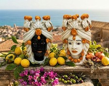 Paar K&ouml;pfe Di Moro Re E regina Bernstein Keramisch von Caltagirone 20 CM