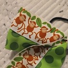 Girls Green Polka Dot Monkey Print Grosgrain Ribbon Hair Bow w/ Elastic — photo 2