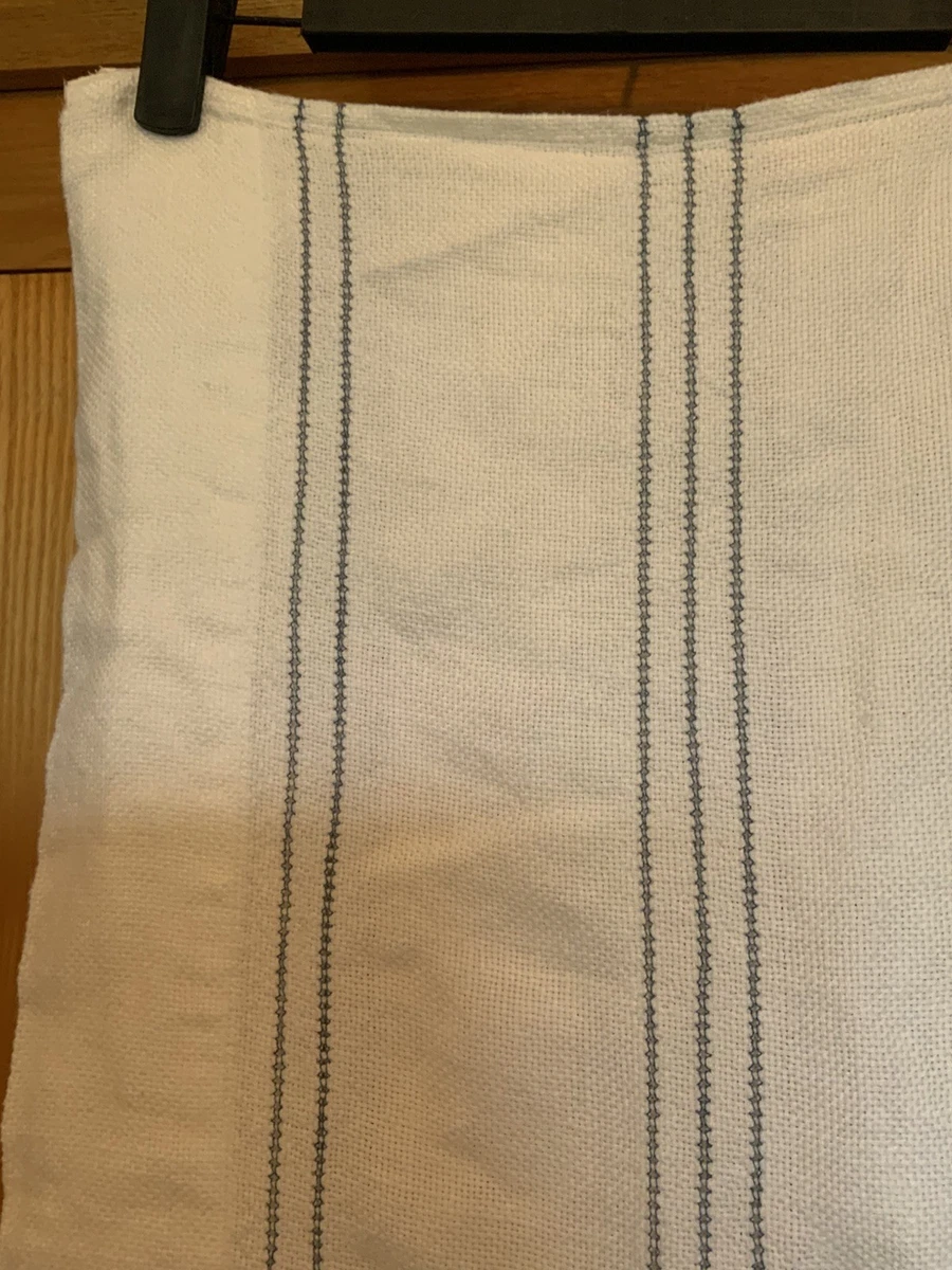 VOLGA LINEN 100% Linen Sofa Throw White/Blue Stitching Rectangle