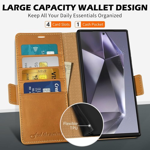 SHIELDON Wallet Case for Galaxy S24 Ultra 5G 6.8", Leather Magnetic RFID - Brown - Photo 8 sur 10