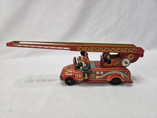 1950s Hadson Japan Tin Friction Fire Ladder Truck Bandai Tinplate Toy