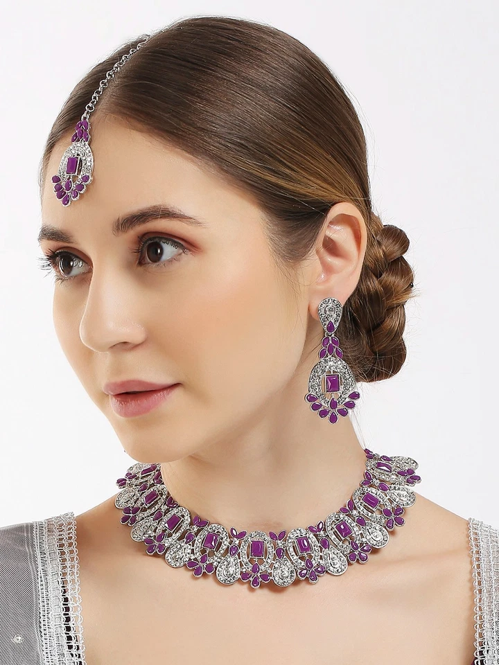 宝莱坞镀银婚礼珠宝水钻项链耳环提卡套装 — 第 3/3 张图片