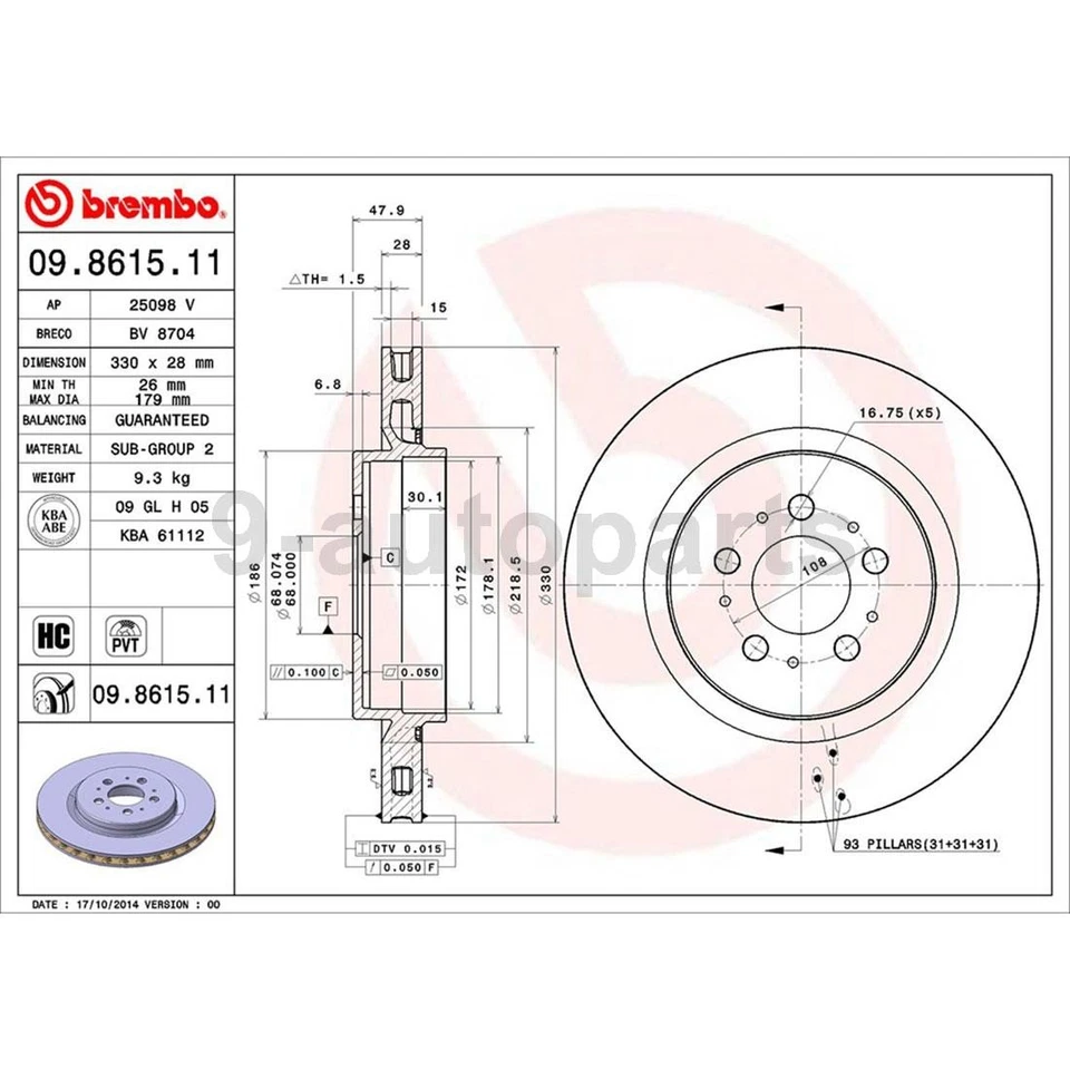 Kit de frenos traseros Brembo rotores de disco pastillas de freno para 2004 2005 2006 2007 Volvo V70 Foto 2 de 4