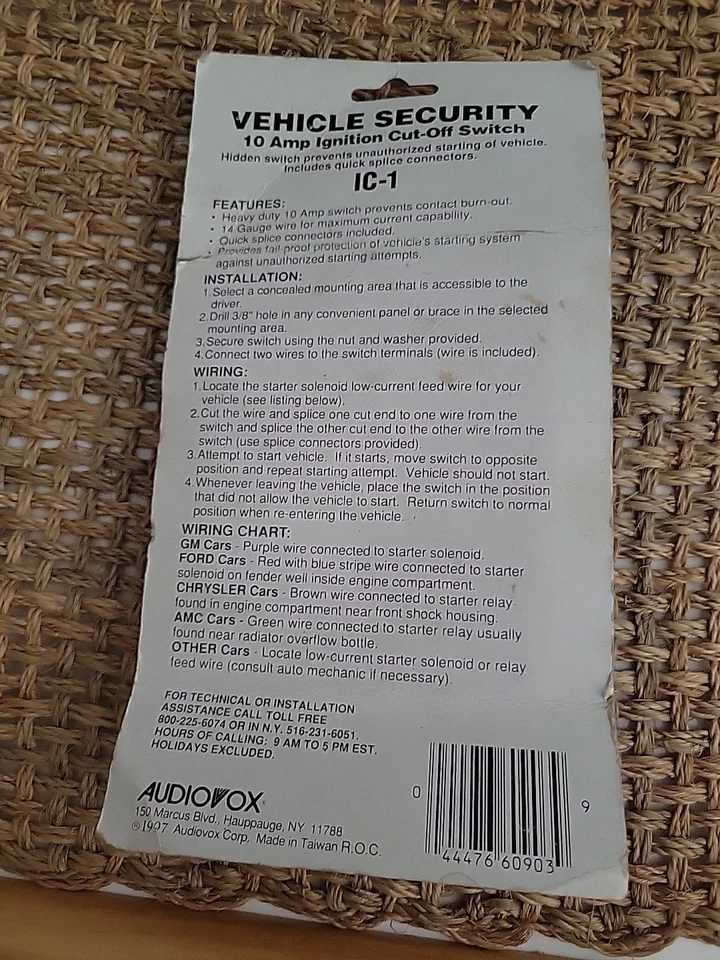 Vintage New NOS Vehicle Security Ignition Cut-Off Switch by Audiovox , 10 amp. - Image 4 of 4