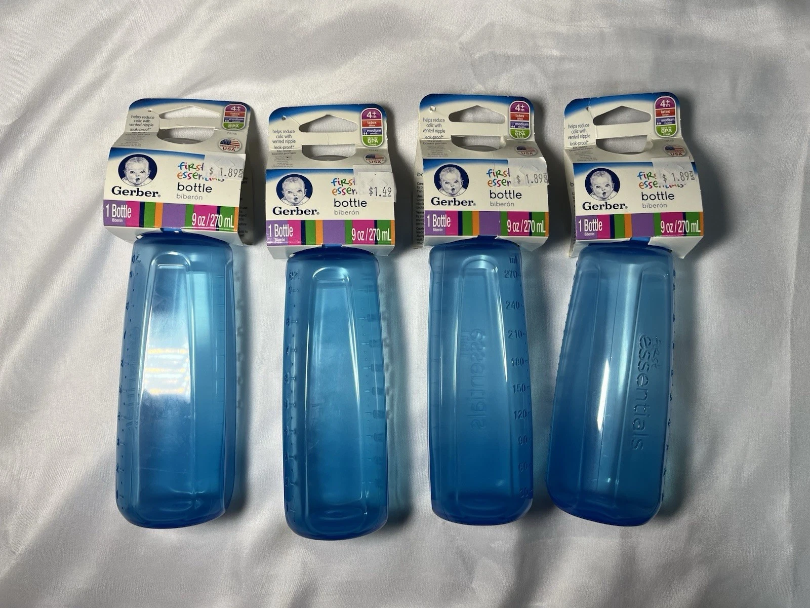 4 Gerber First Essentials Baby Bottles 9oz Blue Medium Flow 4+ M Latex NEW