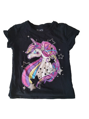 Children's Place Girls Black Unicorn T-Shirt Stars Pink Purple XS