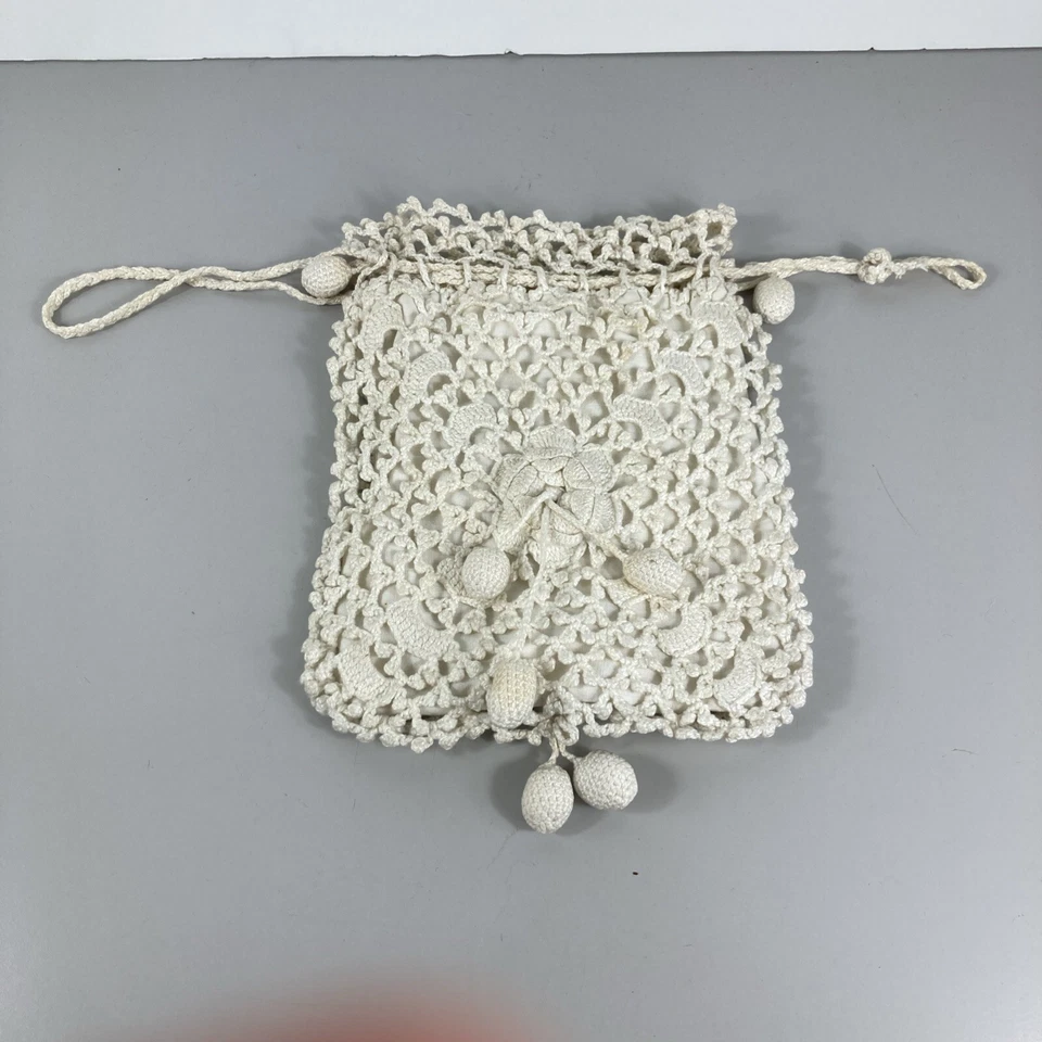 Antique Reticule Crochet Drawstring Miser Purse White Lined Puffy Tassels Poms - Image 3 of 4