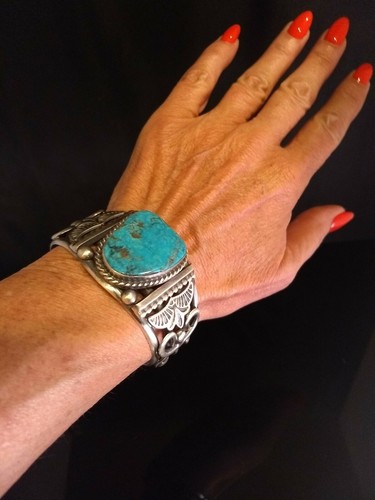 Navajo signiertes Morceni Türkis Sterlingsilber Armreif Armband Herman Vandever - Bild 5 von 11