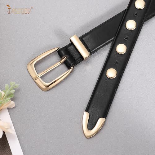 Women Leather Belt Fashion Studded Belt Suit for waist size 27"-31" Gold Black - Picture 6 of 8