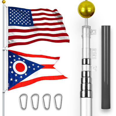 25 Ft Telescoping Flagpole Silver & American and Ohio Flags Spun 3x5 Ft
