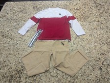 Shein Kids Boys 3pc Long Sleeve Colorblock Polo Pants Belt Red White Tan size 7Y