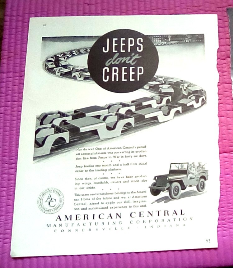 1943 WWII Jeep Ad by American Central Manufacturing 10x13 Print