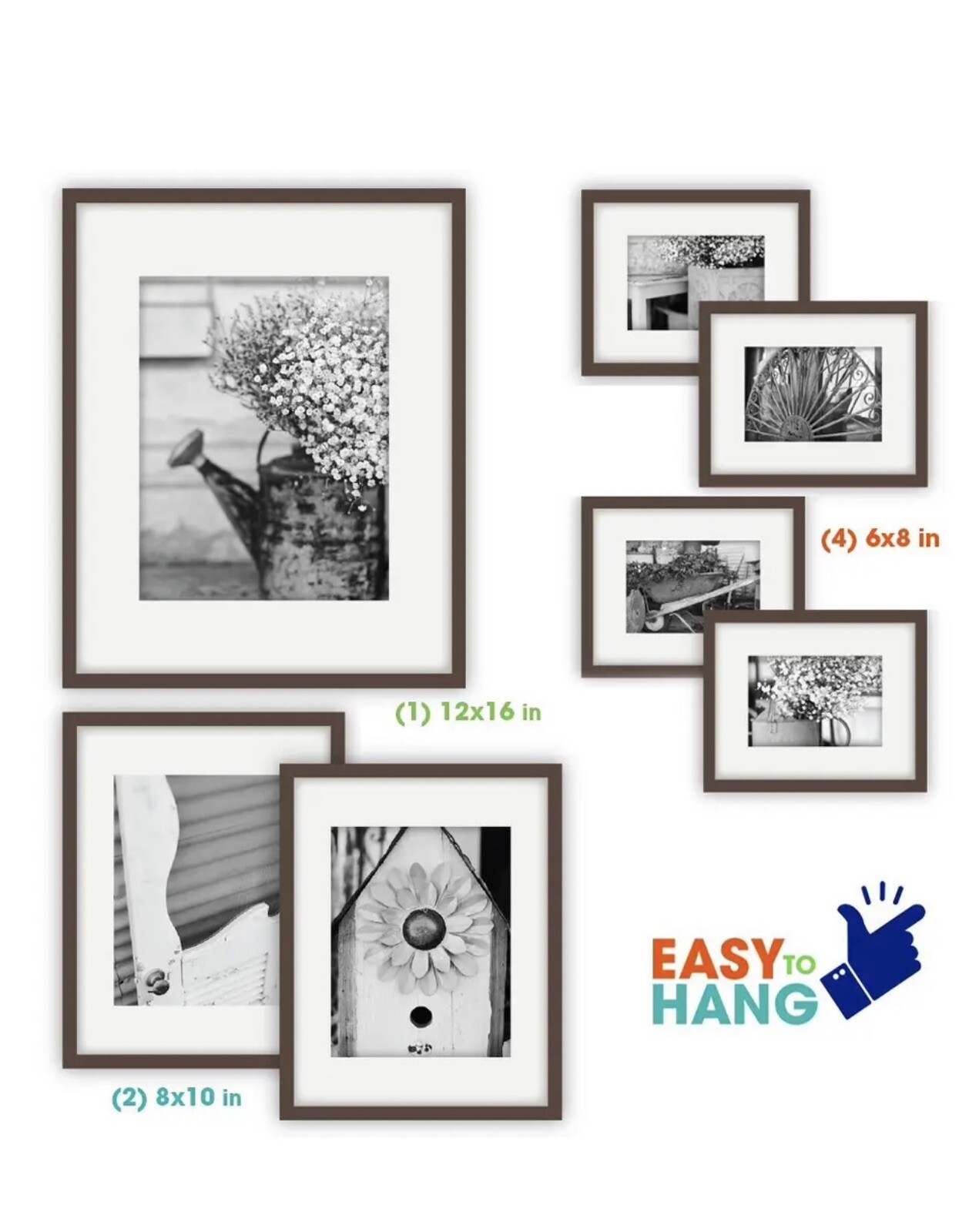 7 Piece Walnut Photo Frame Gallery Wall Kit with Decorative Art Prints