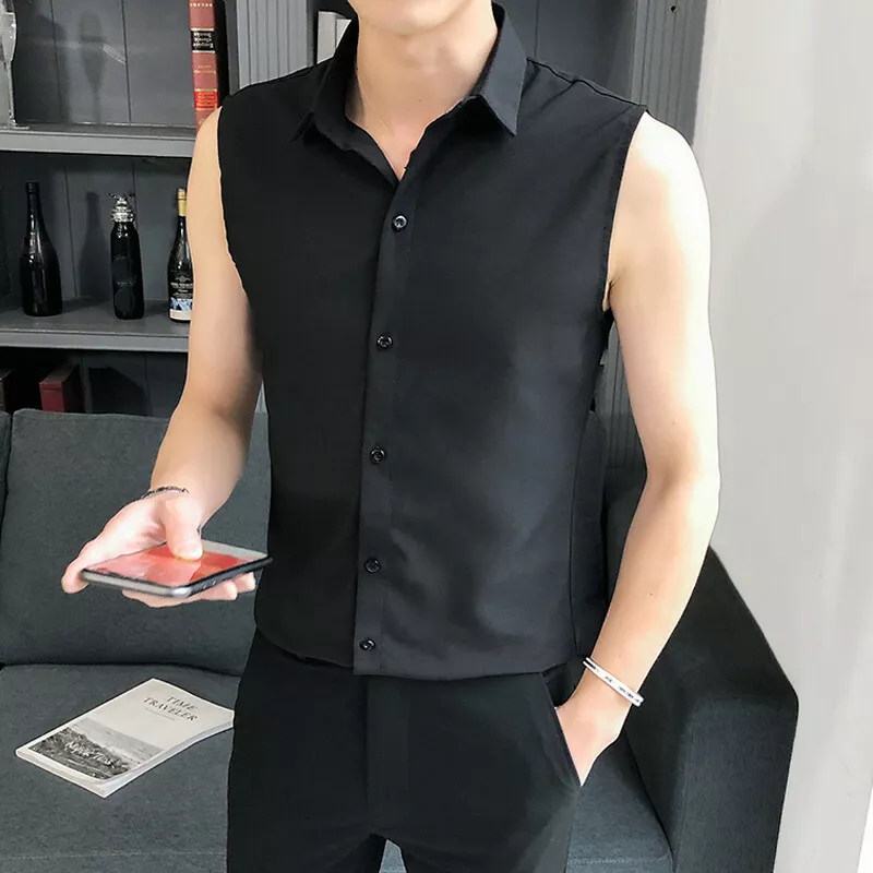 Mens Button Front Sleeveless Vest Shirt Lapel Collar Slim Fit Fashion Tops  Blous