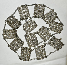 Antique Victorian Floral Etched Repousse Chantelaine Silver t Buckle 30.5" Belt