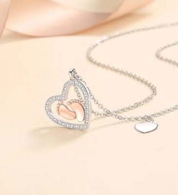 MAMA To Be Baby Feet Heart Necklace & Card Expectant Mom Rose Gold Shower NO BOX
