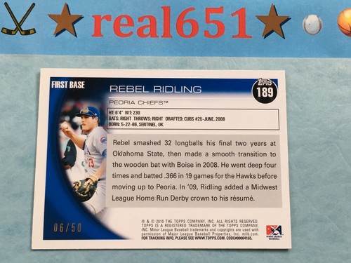 2010 Topps Pro Debut Gold #189 REBEL RIDLING Rookie-Prospect /50 | Cubs SSP RC - Picture 2 of 4