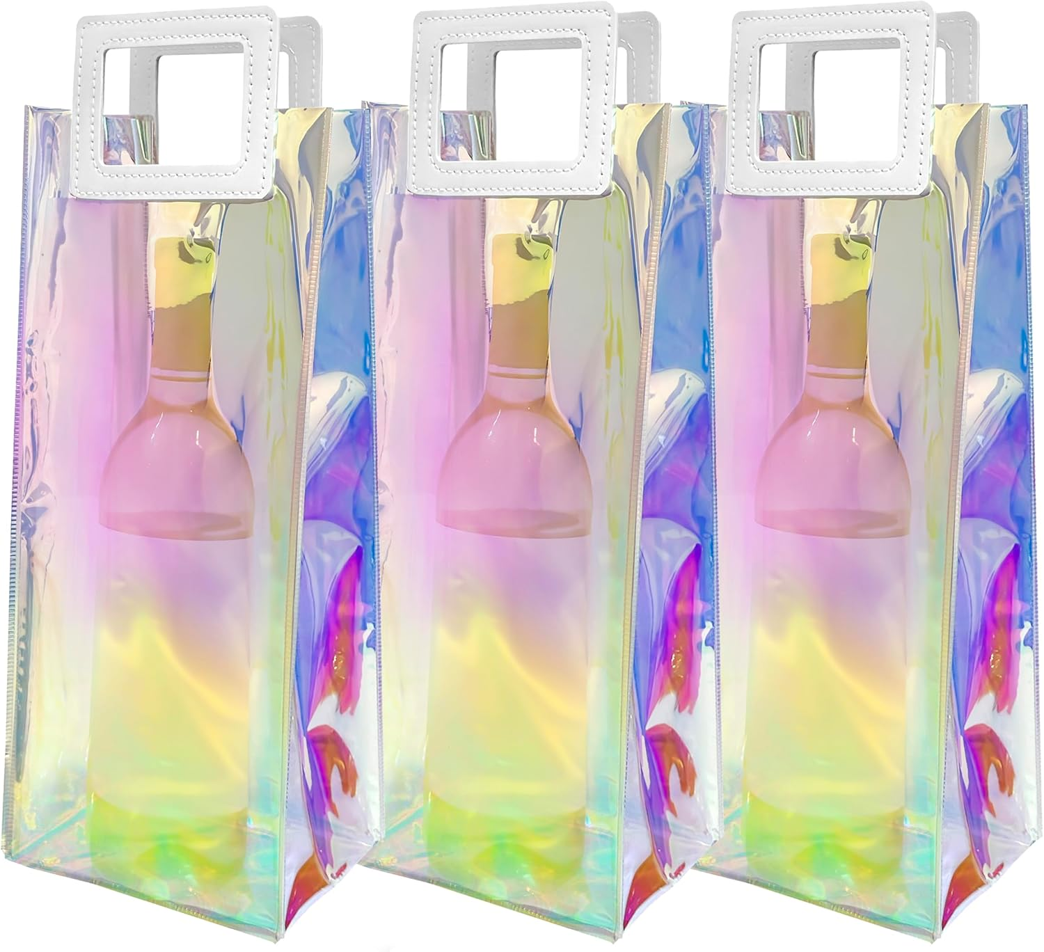 Holographic Wine Gift Bags 3-Pack Reusable Large Bottle Tumbler with Handle