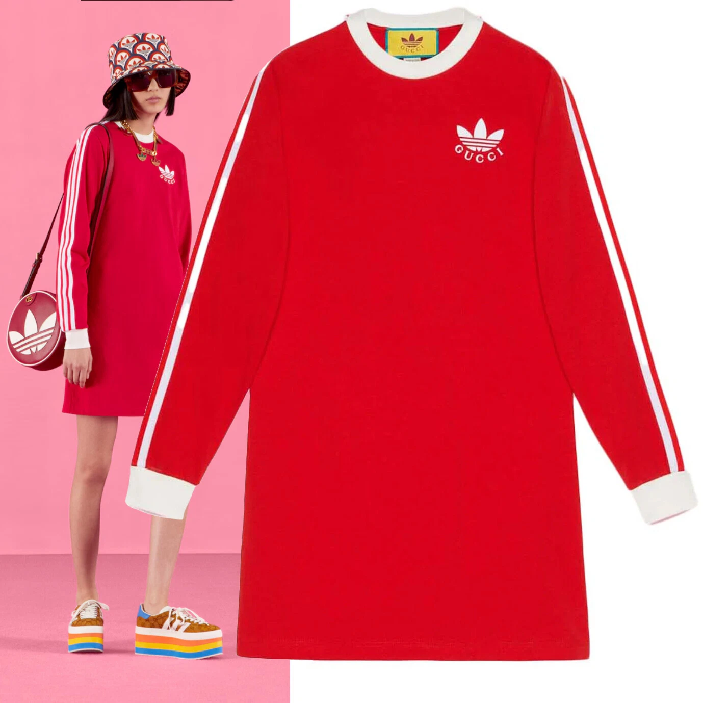 ROBE GUCCI ADIDAS X T SHIRT LONG ROUGE COTON MANCHES LONGUES TRÈFLE taille S