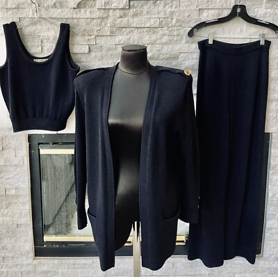 ST. JOHN COLL SEPARATES BLACK KNIT SWEATER JACKET-S / HALTER-P/ PANTS-2 PIECES-3