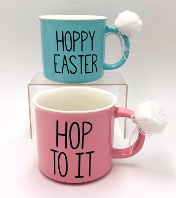  Hoppy Easter and Hop To It'' Set Of 2 Ceramic Pink and Blue Easter Mugs Gifts