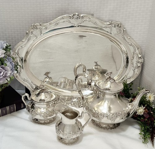 Juego de té vintage decoración de uva de alpaca tetera bandeja Gorham - 4 piezas con descuento - Imagen 2 de 11